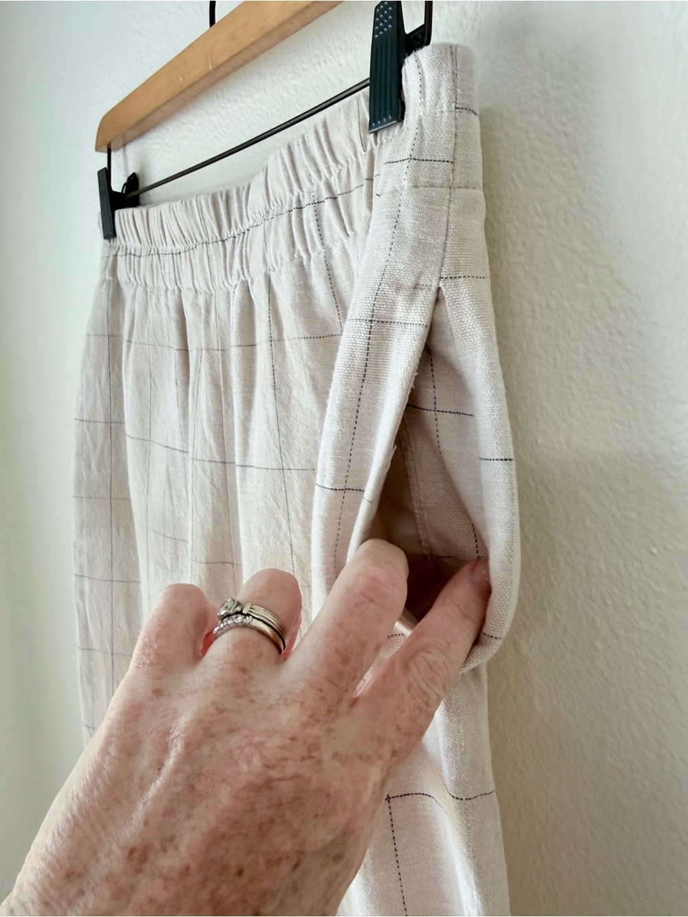 Zara Plaid Window Pain Cropped Cotton Linen Blend Pants-Cream Navy-Size Small - Picture 3 of 11